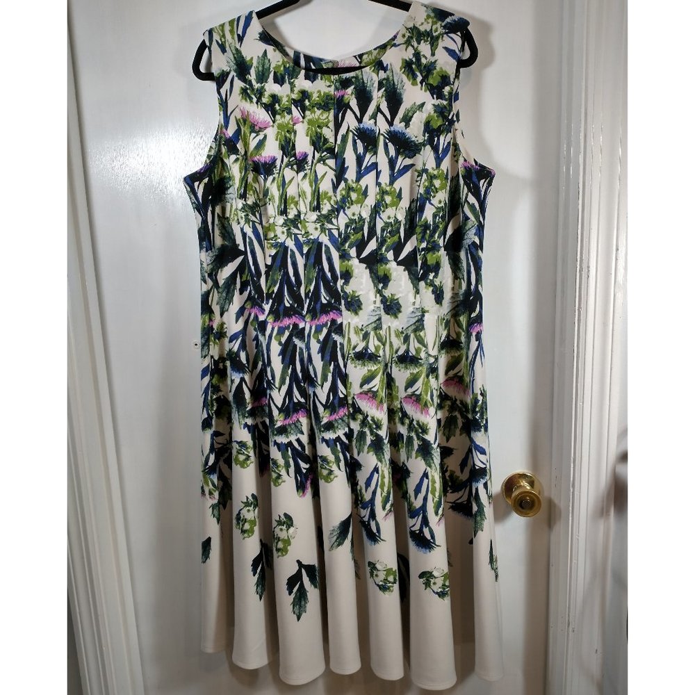 Gabby Skye fit and flare dress, white with purple and green thistle design, 18W